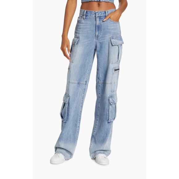 Alice + Olivia Cay Baggy Cargo Jeans 27 Brea Blue Cotton Blend Relaxed Fit - Picture 1 of 16